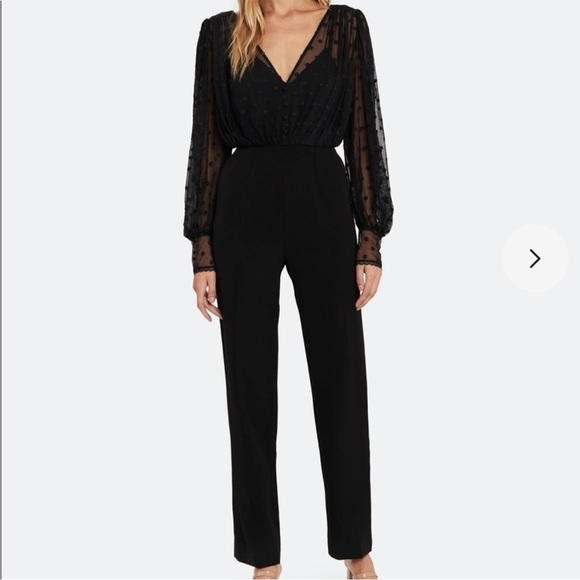 NWT Saloni Bernadette jumpsuit black womens size 8 black polka dot chiffon fairy - Picture 1 of 11